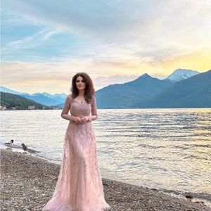 LARA - BEADED LONG SLEEVE A-LINE DRESS Pink Size 4